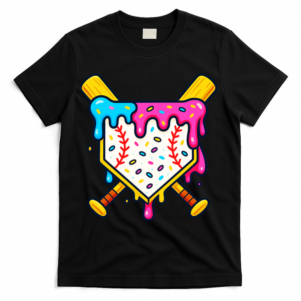Ice Cream Drip Baseball Bat Home Plate Cool T-Shirt - Black