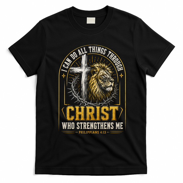 I Can Do All Things Through Christ Lion Cross T-Shirt - Black