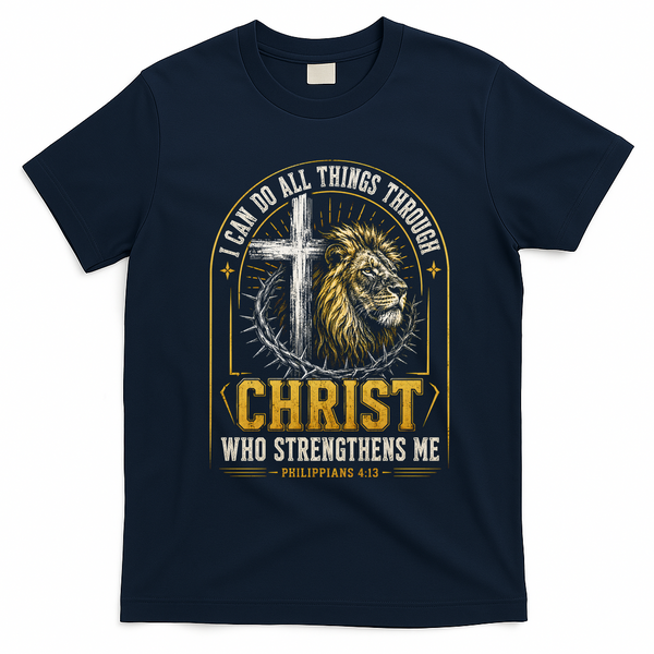 I Can Do All Things Through Christ Lion Cross T-Shirt - Navy Blue