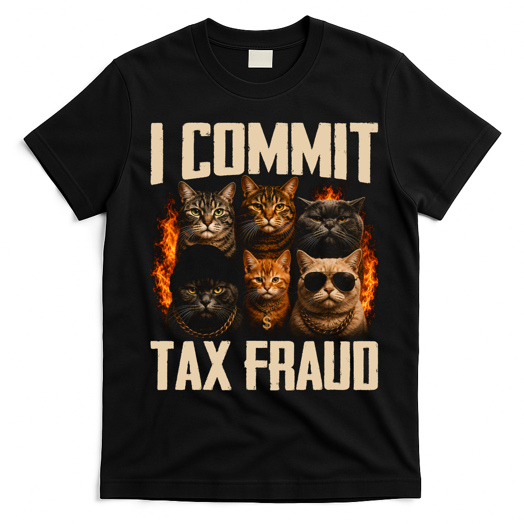 I Commit Tax Fraud Funny Cat Crew T-Shirt - Black