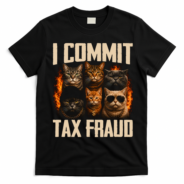 I Commit Tax Fraud Funny Cat Crew T-Shirt - Black