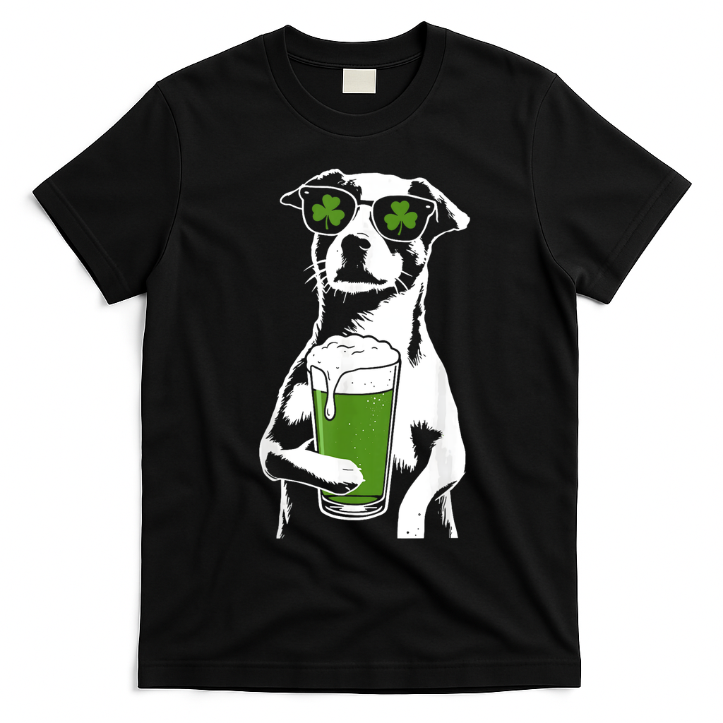 Irish Dog Drinking Beer T-Shirt - Black