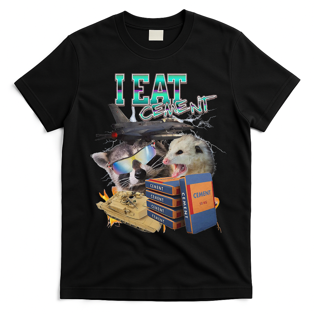 I Eat Cement Cursed Raccoon Possum Funny Meme T-Shirt - Black