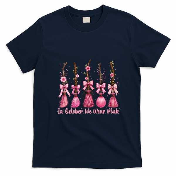 In October We Wear Pink Halloween Witch Brooms Breast Cancer T-Shirt - Navy Blue