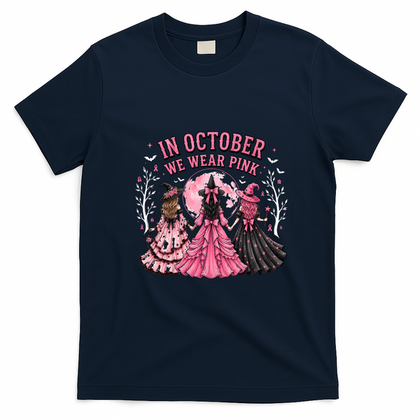 In October We Wear Pink Halloween Witches T-Shirt - Navy Blue