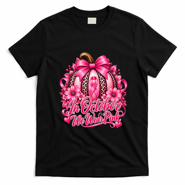 In October We Wear Pink Pumpkin Breast Cancer Halloween T-Shirt - Black
