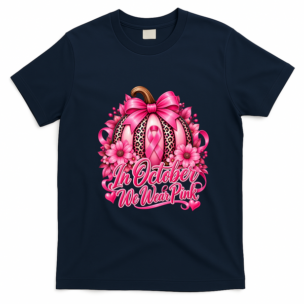 In October We Wear Pink Pumpkin Breast Cancer Halloween T-Shirt - Navy Blue