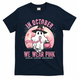 In October We Wear Pink Breast Cancer Halloween Ghost T-Shirt - Navy