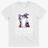 In October We Wear Purple Domestic Violence Ghost Halloween T-Shirt - White