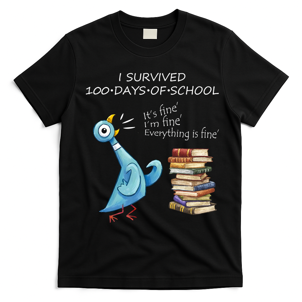 I Survived 100 Days Of School Pigeon 100th Day T-Shirt - Black