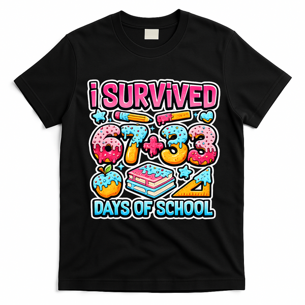 I Survived 67 33 Days Of School 100 Days Of School 6-7 Meme T-Shirt - Black