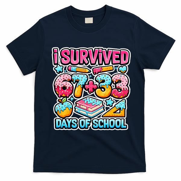 I Survived 67 33 Days Of School 100 Days Of School 6-7 Meme T-Shirt - Navy Blue