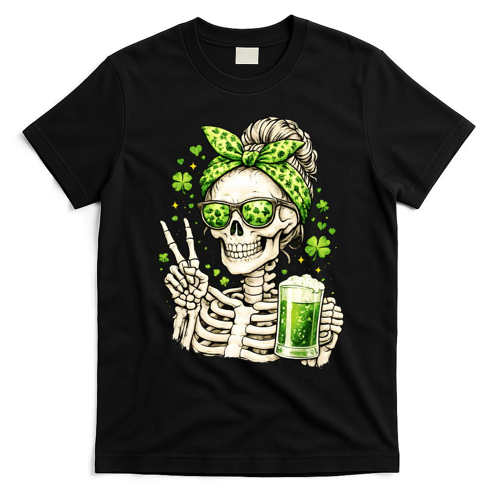 Irish Skeleton Messy Bun St Patrick's Day T-Shirt - Black