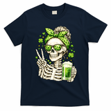 Irish Skeleton Messy Bun St Patrick's Day T-Shirt - Navy Blue