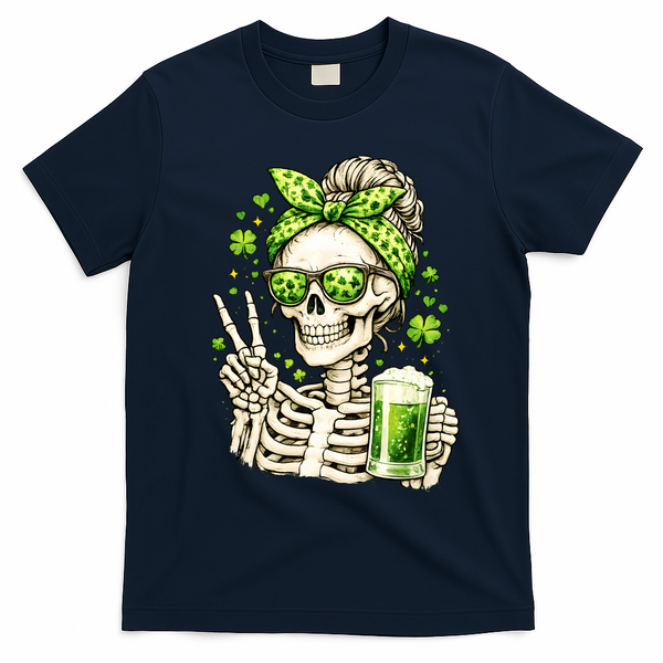 Irish Skeleton Messy Bun St Patrick's Day T-Shirt - Navy Blue