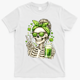 Irish Skeleton Messy Bun St Patrick's Day T-Shirt - White