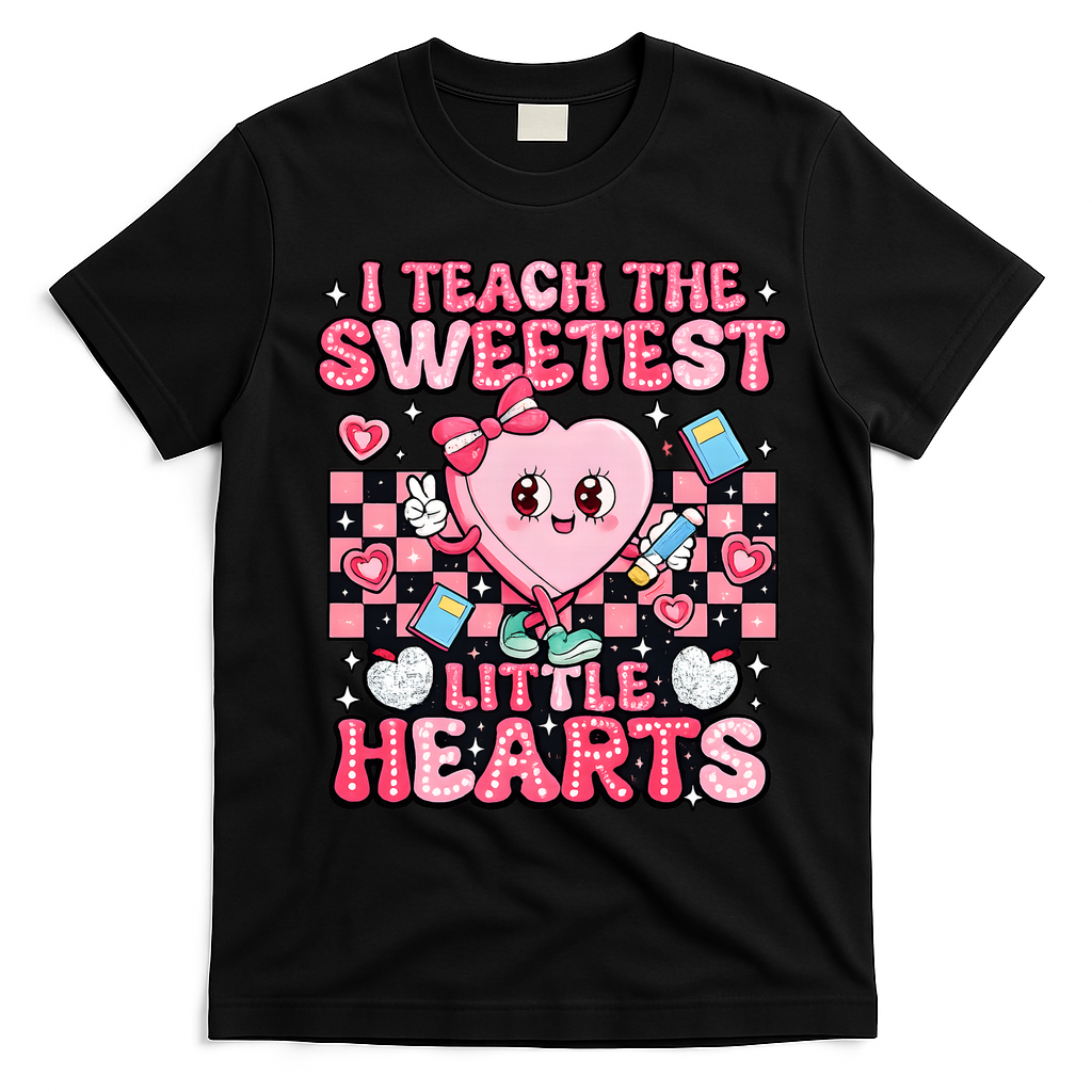 I Teach The Sweetest Little Hearts Teacher Valentines Day T-Shirt - Black