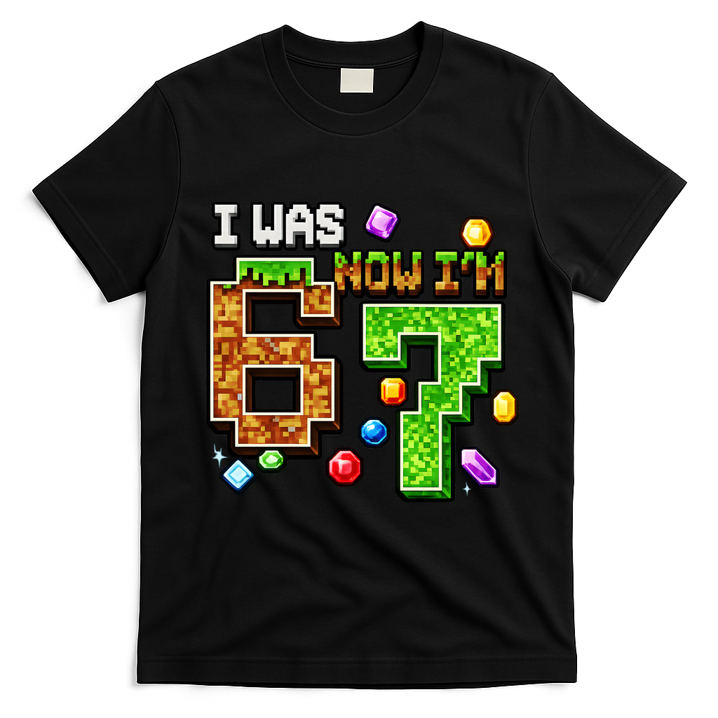 I Was 6 Now I'm 7 Pixel Birthday Gamer Funny 6-7 Meme T-Shirt - Black