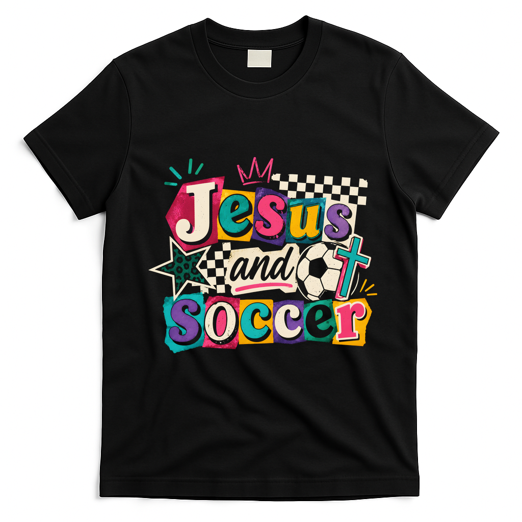 Jesus And Soccer Faith Inspired Graphic T-Shirt - Black