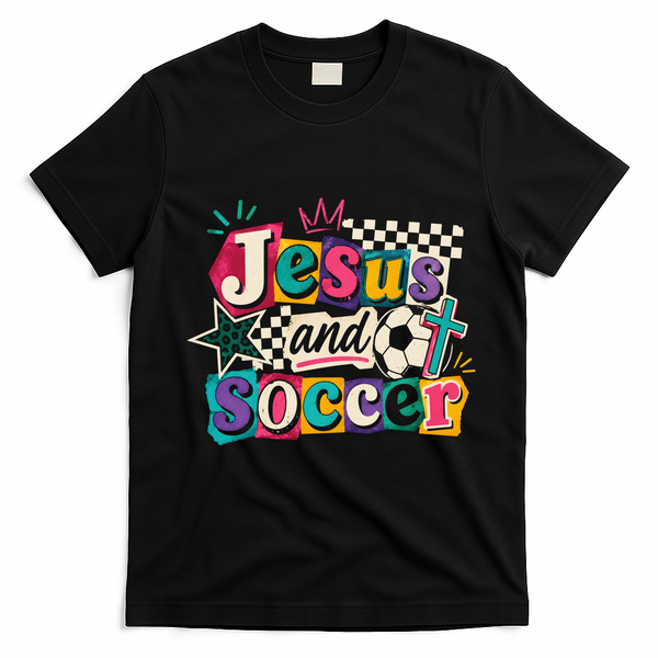 Jesus And Soccer Faith Inspired Graphic T-Shirt - Black