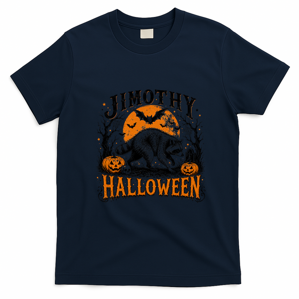 Jimothy Halloween Raccoon Moon Bats Pumpkin Scene T-Shirt - Navy Blue