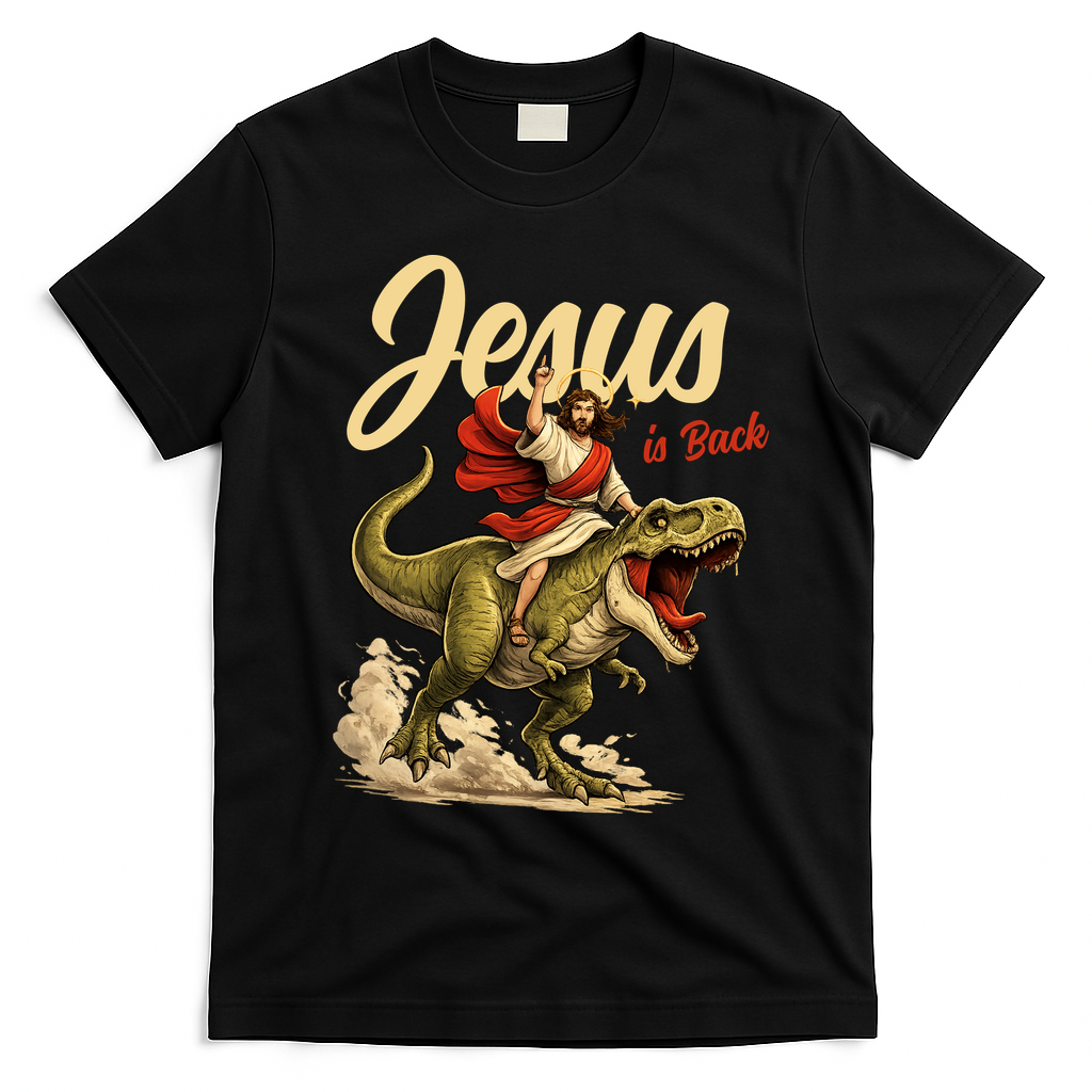 Jesus Is Back Sarcasm Funny Dinosaur T-Shirt - Black