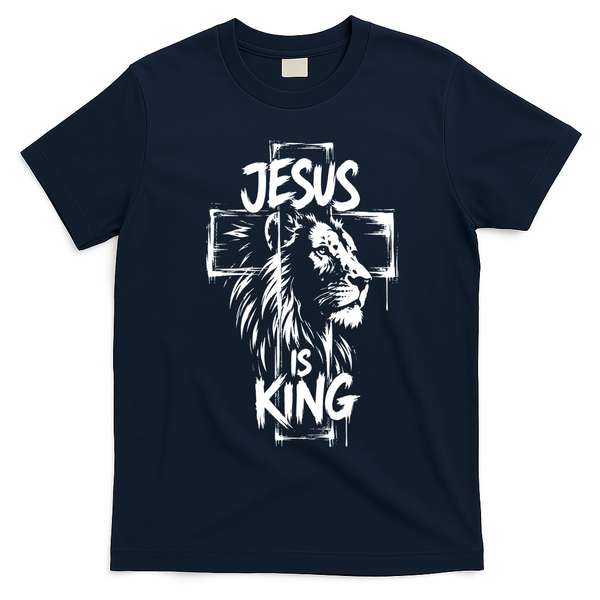 Jesus Is King Lion Christian Faith Graphic T-Shirt - Navy Blue