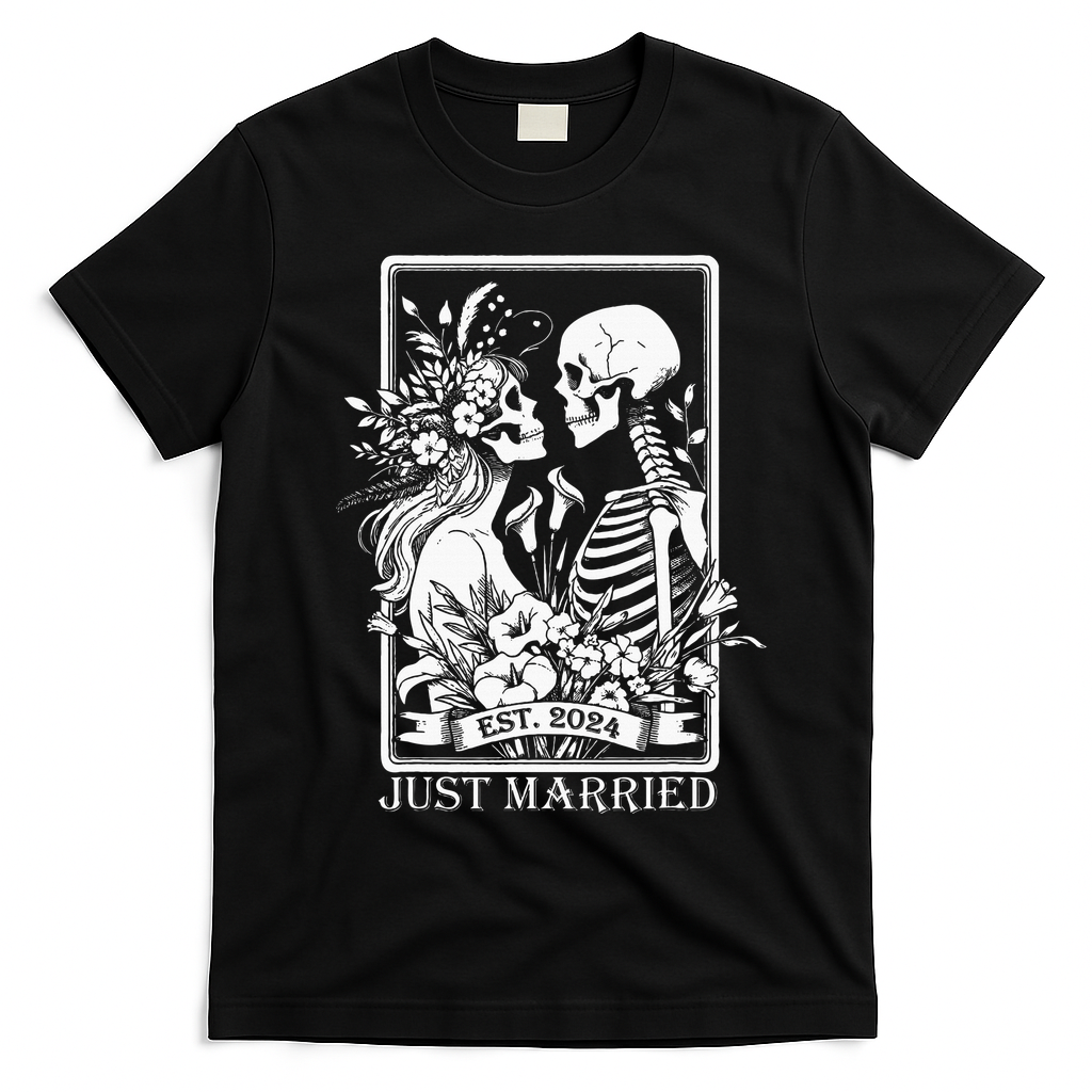 Just Married Est 2024 Halloween Skeleton Couples T-Shirt - Black