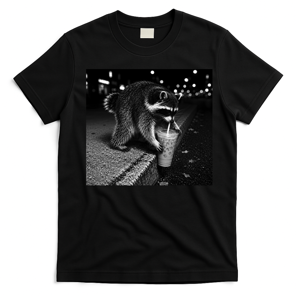 Jimothy Raccoon Drinking Ice Coffee Funny Animal Art T-Shirt - Black