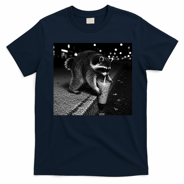Jimothy Raccoon Drinking Ice Coffee Funny Animal Art T-Shirt - Navy Blue