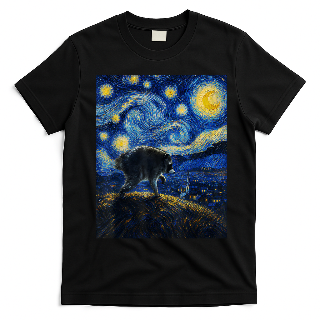 Jimothy Raccoon Under Starry Night Sky Artful Van Gogh T-Shirt - Black