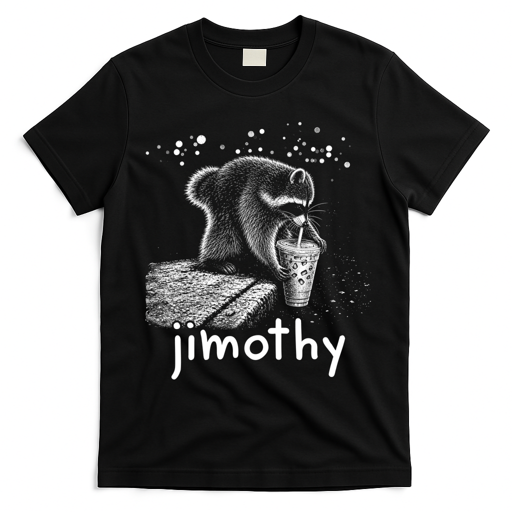Jimothy The Raccoon Enjoying A Ice Coffee Drink T-Shirt - Black