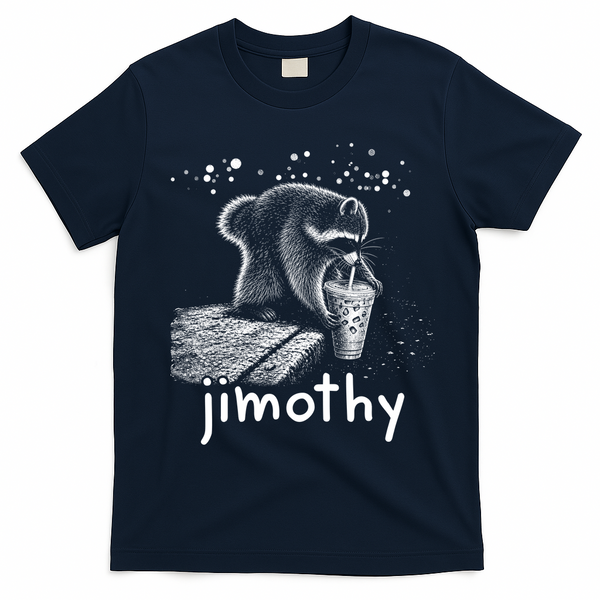 Jimothy The Raccoon Enjoying A Ice Coffee Drink T-Shirt - Navy Blue