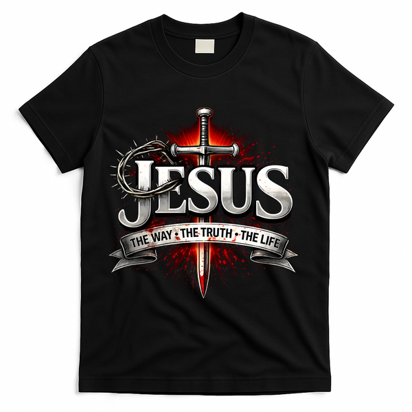 Jesus The Way The Truth The Wife Sword Crown Thorns Christian T-Shirt - Black