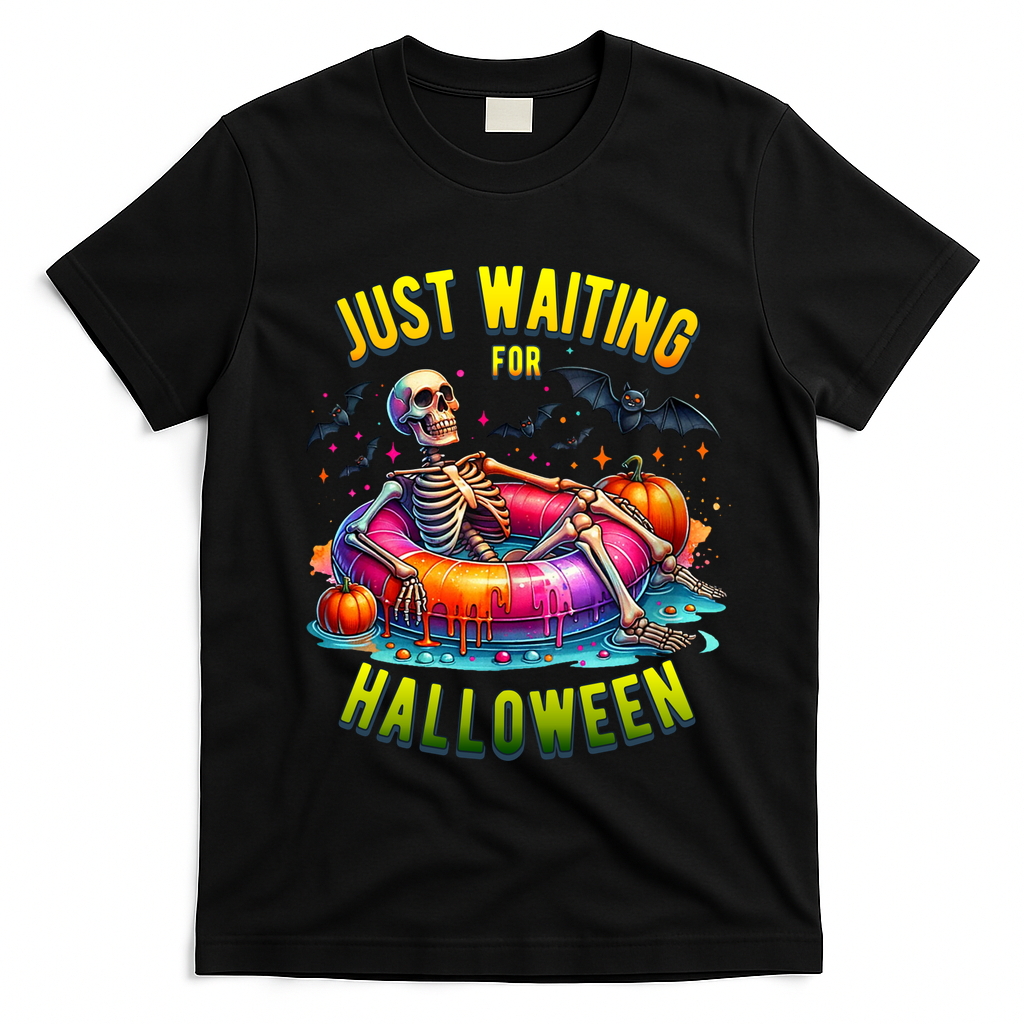 Just Waiting For Halloween Spooky Skeleton Summer Funny T-Shirt - Black