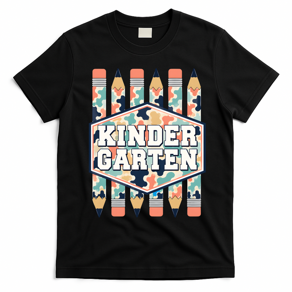 Kindergarten Camouflage Pencils Teachers Students Back To School T-Shirt - Black