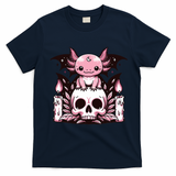 Kawaii Pastel Goth Cute Creepy Axolotl Bat Skeleton T-Shirt - Navy Blue