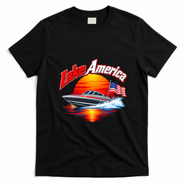 Lake America Boating Adventure Sunset T-Shirt - Black