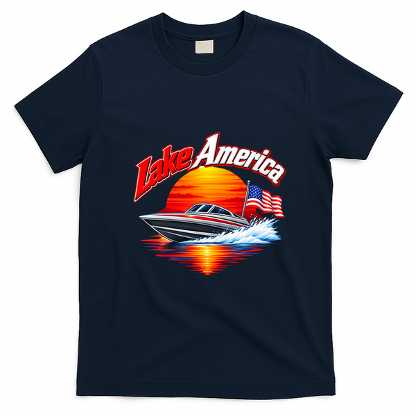Lake America Boating Adventure Sunset T-Shirt - Navy Blue