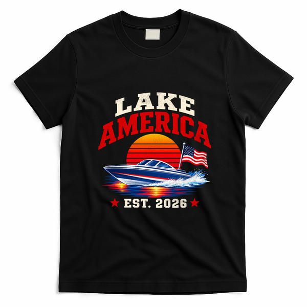 Lake America Est 2026 Vintage Boat Scene T-Shirt - Black