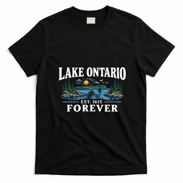 Lake Ontario EST 1615 Forever Vintage Nature Scene  T-Shirt - Black