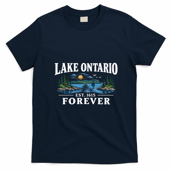 Lake Ontario EST 1615 Forever Vintage Nature Scene  T-Shirt - Navy Blue