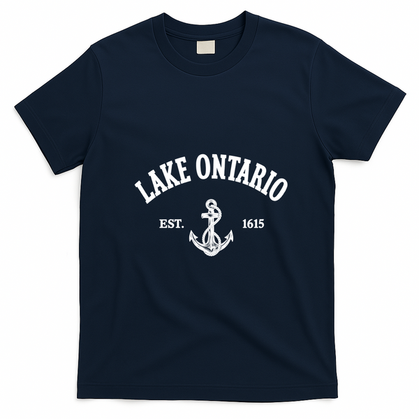 Lake Ontario EST 1615 Canada Retro Anchor Souvenir T-Shirt - Navy Blue