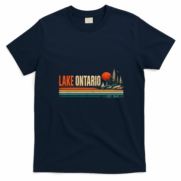 Lake Ontario EST 1641 Retro Landscape Sailboat T-Shirt - Navy Blue