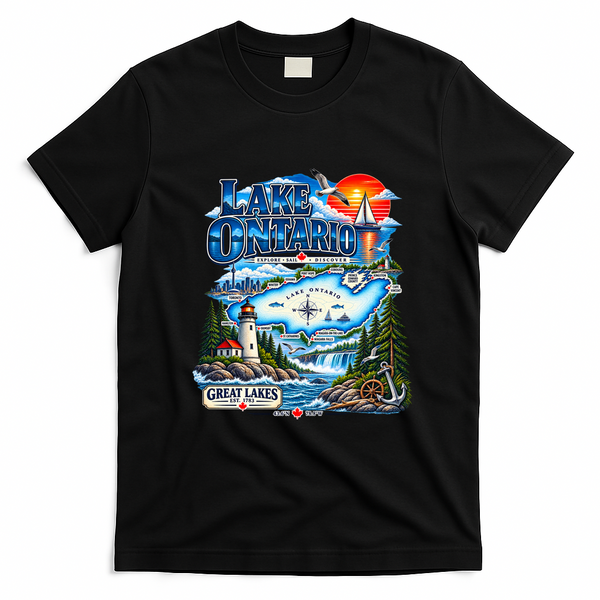 Lake Ontario Great Lakes Canada Explore Sail Discover Vintage T-Shirt - Black