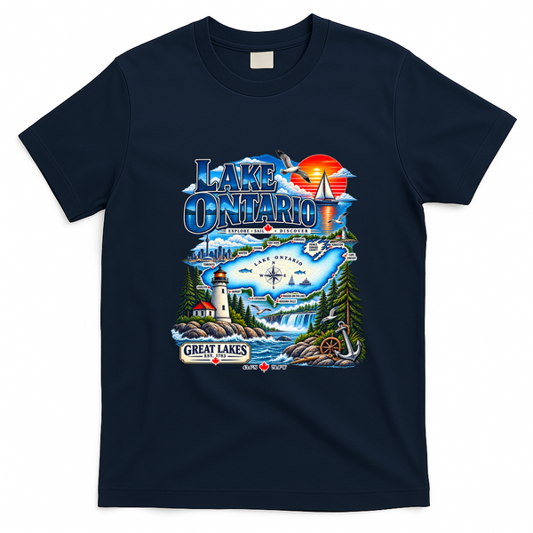 Lake Ontario Great Lakes Canada Explore Sail Discover Vintage T-Shirt - Navy Blue