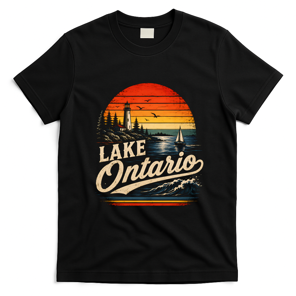 Lake Ontario Sunset Lighthouse Sailing Vintage T-Shirt - Black