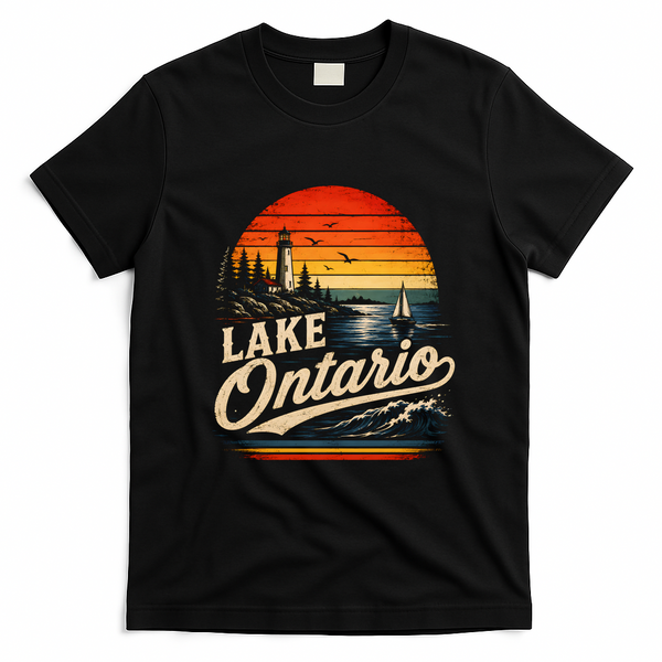 Lake Ontario Sunset Lighthouse Sailing Vintage T-Shirt - Black