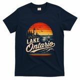Lake Ontario Sunset Lighthouse Sailing Vintage T-Shirt - Navy Blue