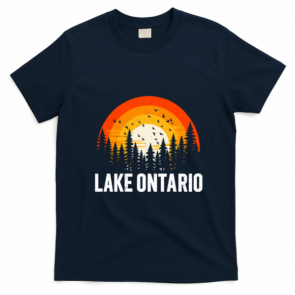 Lake Ontario Vintage 70s 80s Graphic Cool Retro T-Shirt - Navy Blue